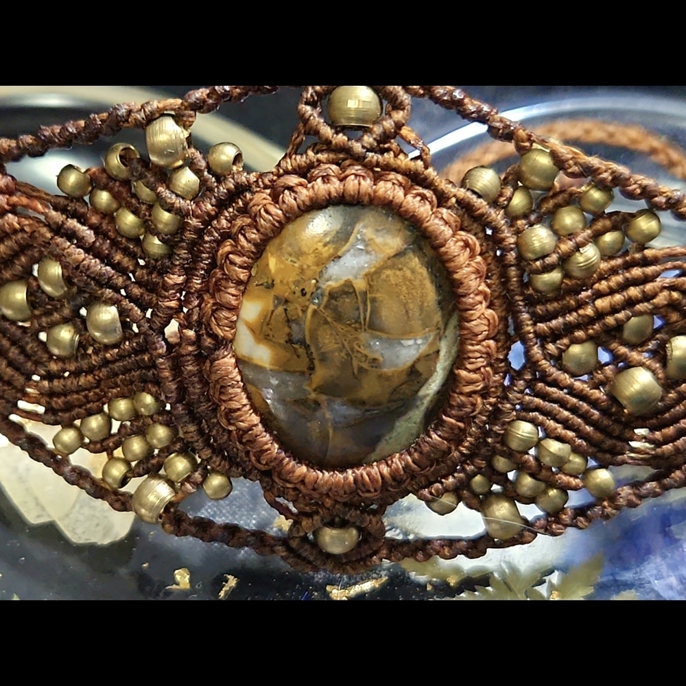 Artisan Brown Macramed  Bracelet/Gorgeous, Lg Brecciated Jasper(?) Cabo